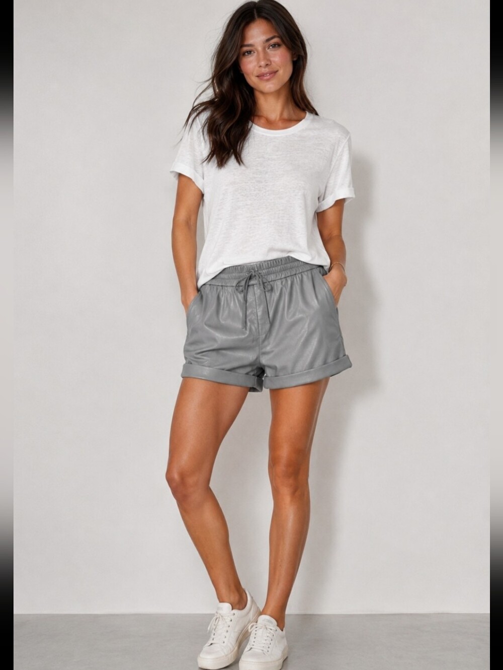 HELMUT LANG Grey Lambskin LEATHER Shorts Front/Stretch Cotton back Elastic Waist